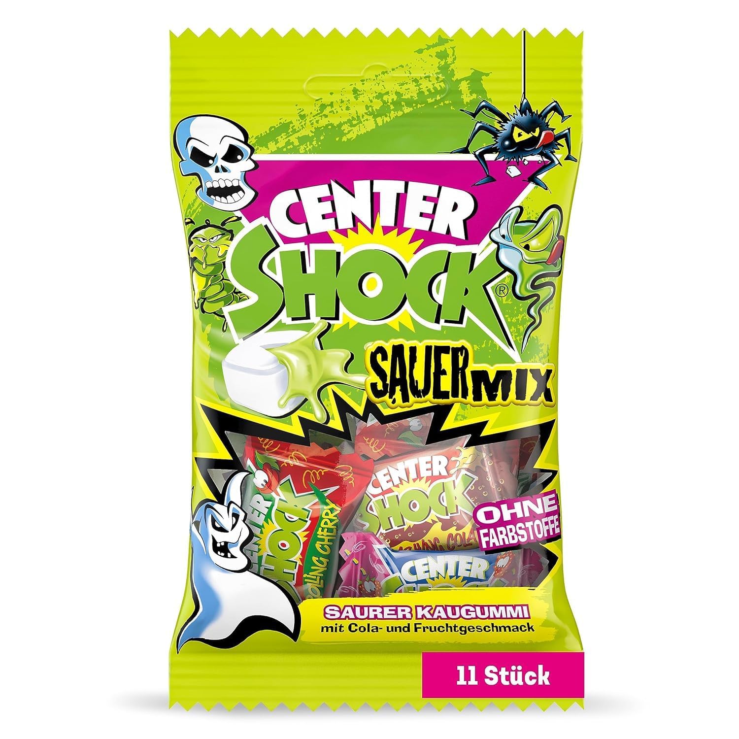 Center Shock Sour Mix, 1 Packung mit 11 extra-sauren Kaugummis, mit Füllung, ohne Farbstoffe, geeignet für Geburtstag und Weihnachten, 44g