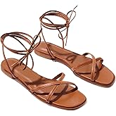 RJYLP Strappy Flats Sandals for Women Summer Gladiator Lace Up Flat Sandals Open Square Toe Casual Beach Slides Sandals