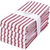 Candy Cottons Stripe Kitchen Dish Towels With Hanging Loop - Boho Absorbent Festive Gift Set of 6 - Reusable 18x28 Inch Pantry Decor - Trendy Spring French Red