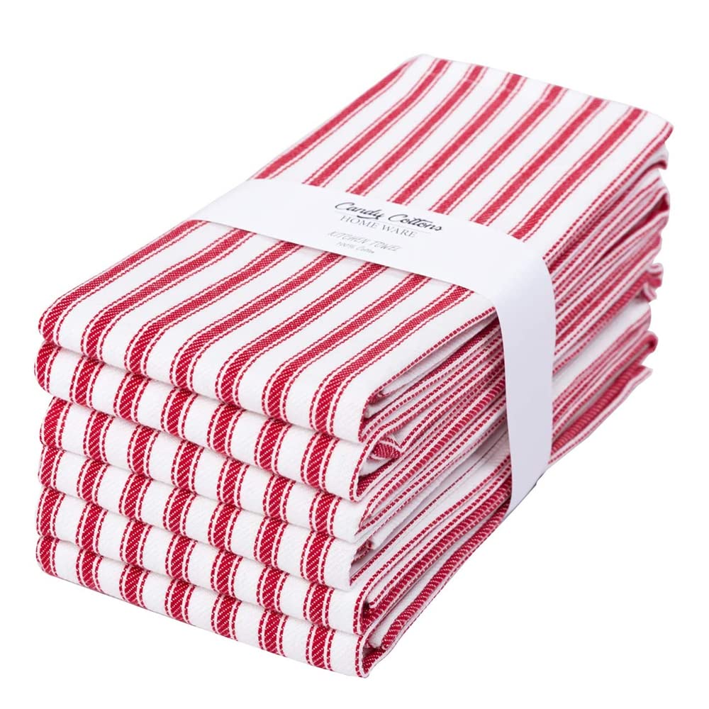 Photo 1 of Candy Cottons Stripe Kitchen Dish Towels With Hanging Loop - Boho Absorbent Festive Gift Set of 6 - Reusable 18x28 Inch Pantry Decor - Trendy Spring French Red