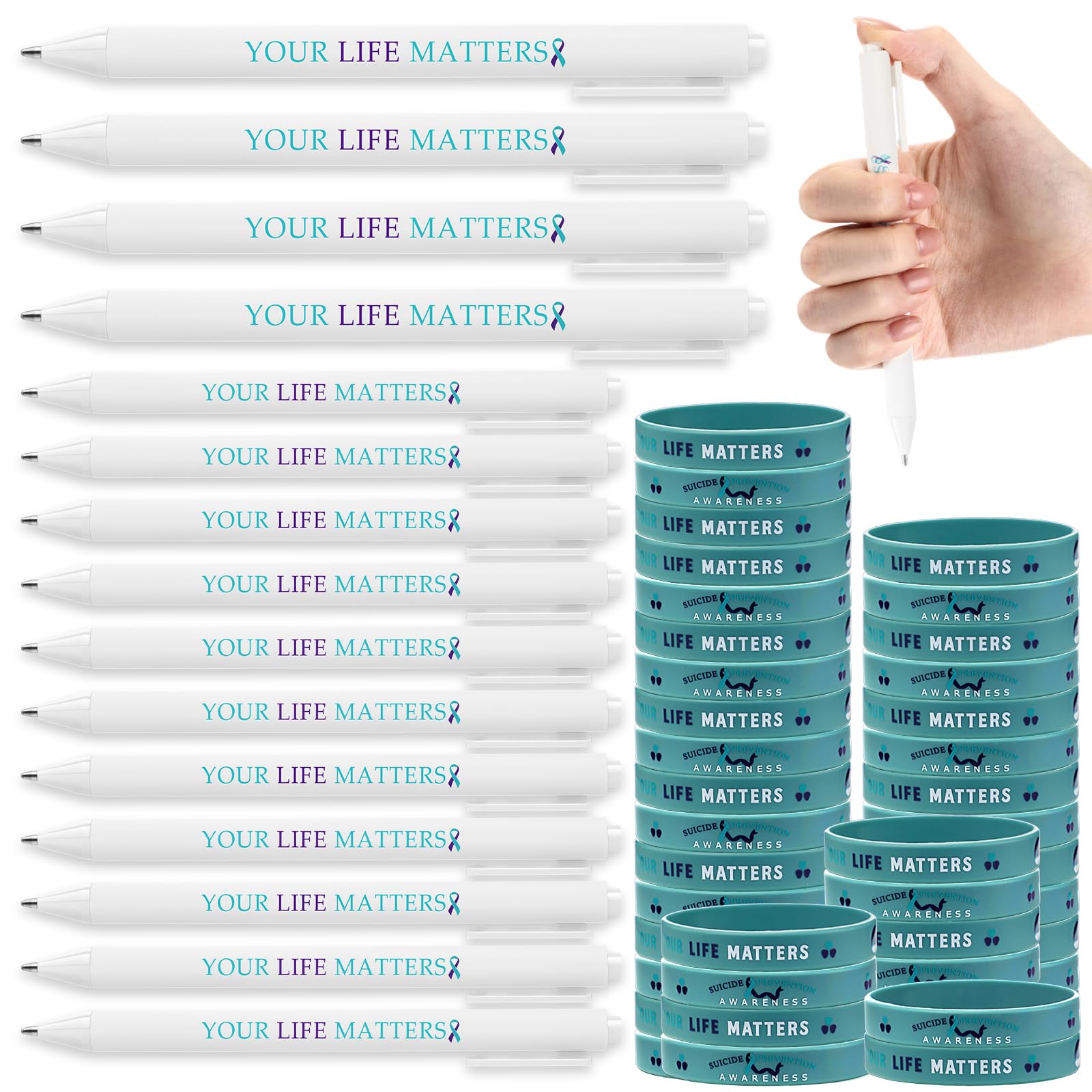 Photo 1 of Cholemy 150 Pcs Suicide Prevention Awareness Pen with Teal Purple Ribbon Silicone Wristbands Bulk Retractable Ribbon Pen for Mental Health Care Activities Supplies Volunteer Charity Activity
