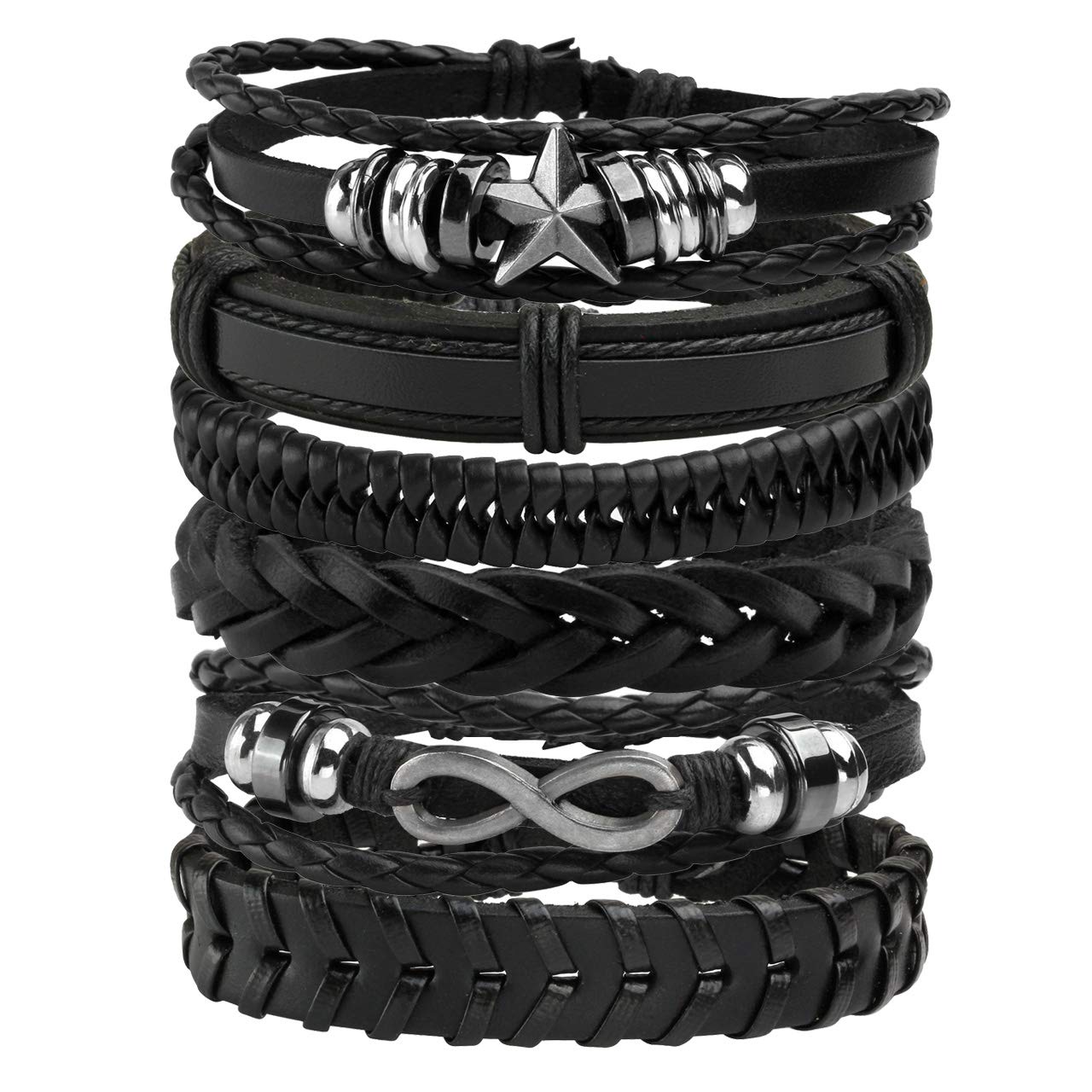 Manfnee 6Pcs Leather Braided Bracelet Leather Bracelets for Men Women Punk Wrist Cuffs Adjustable