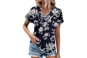 NJKHMCFTIR Women's Short Sleeve T-Shirt Casual Cross V Neckline Pleated Solid Colour Button Top