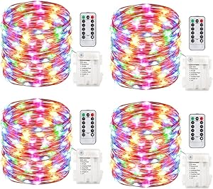 GDEALER 4 Pack 16.4Feet 50 Led Fairy Lights Battery Operated with Remote Control Timer Waterproof Copper Wire Twinkle String Lights for Halloween Bedroom Indoor Outdoor Wedding Dorm Decor Multi Color