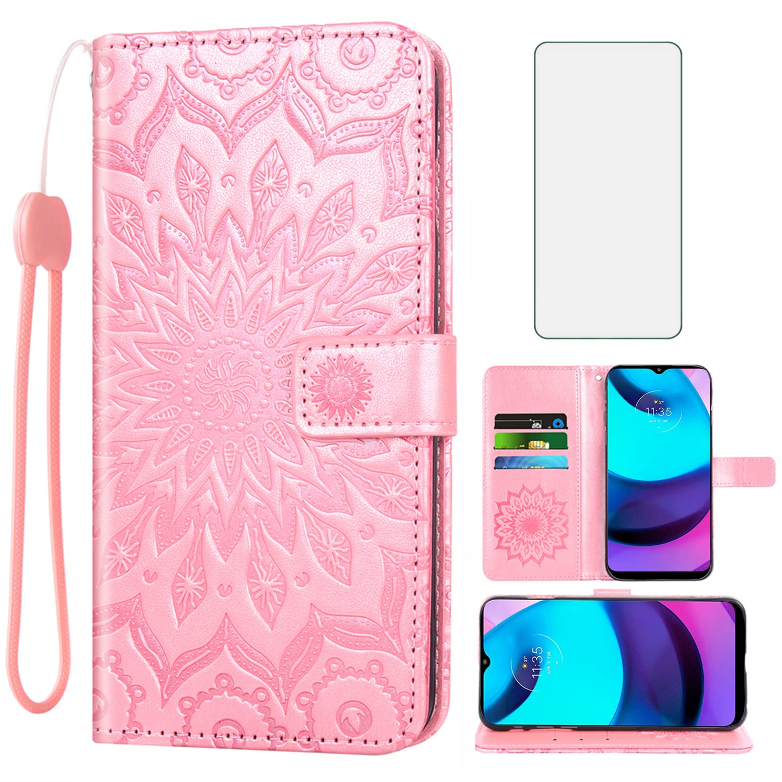 Asuwish Phone Case for Motorola Moto E20 / E30 / E40 Wallet with Tempered Glass Screen Protector and Leather Slim Flip Cover Card Holder Stand Cell Accessories MotoE20 MotoE30 MotoE40 Women Rose Gold