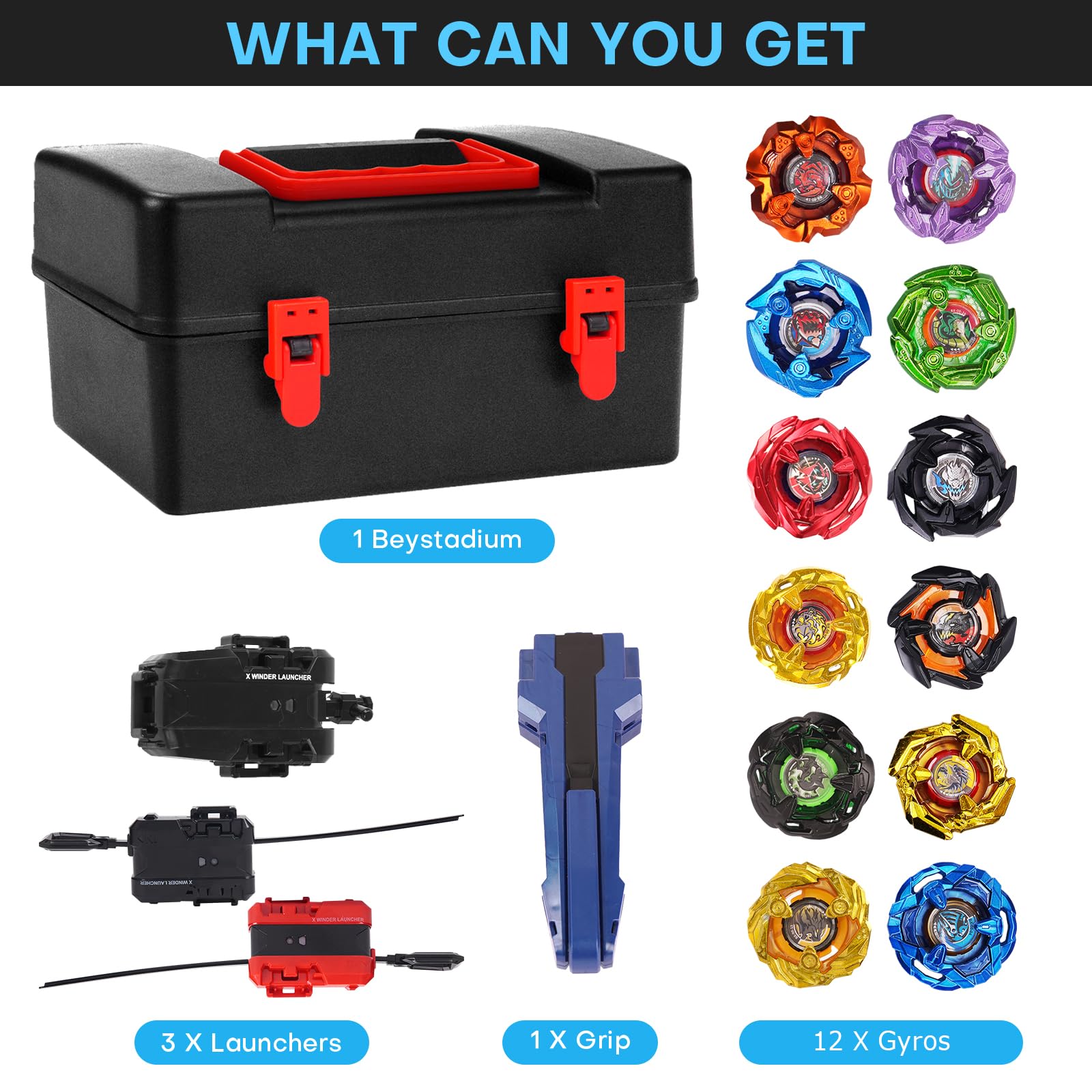 Gyro X Battling Blade Set, 12 Spinning Tops, 3 Launchers and 1 Grip with Storage Box, Kids Toys Birthday Gift Ideal for 6+ Years Old Boys