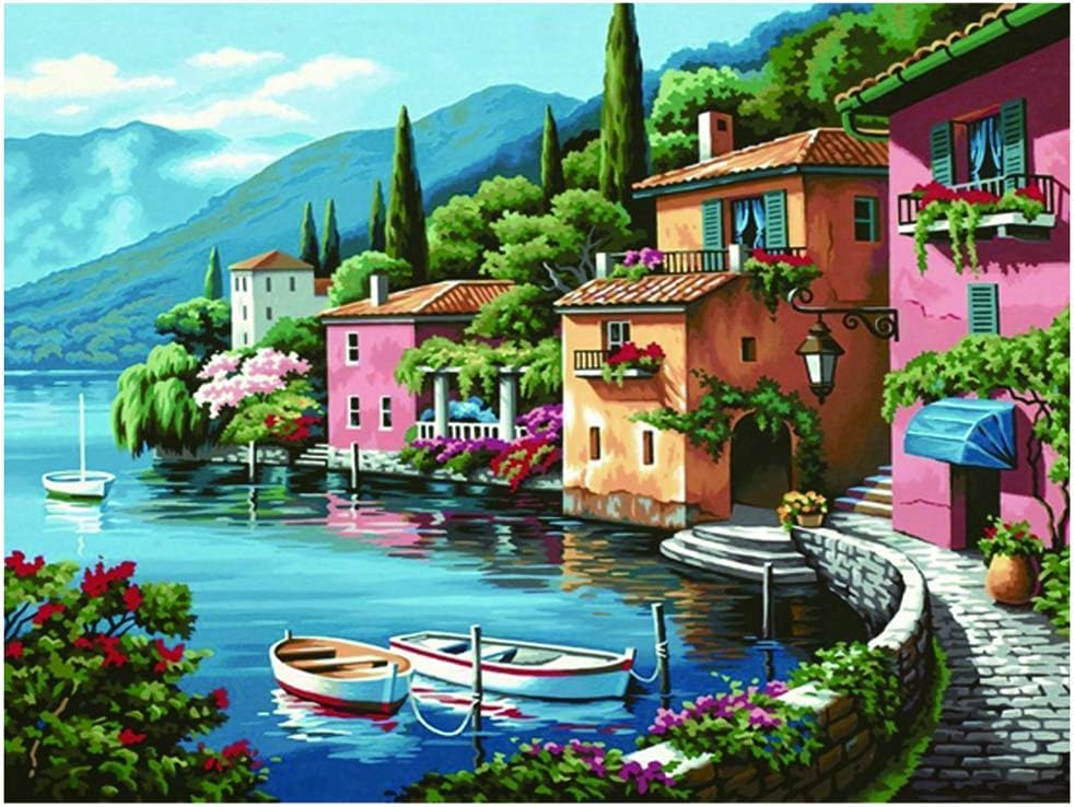 5D DIY Diamond Painting Kits for Adults Full Drill Round Seaside Landscape House Wall Art Decor (12X16 inches)