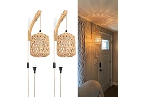 Frideko Plug in Wall Sconces Set of 2 Hand Woven Lamp with Cord Rattan Lights Farmhouse Sconce Mounted Light Boho Lighting fo