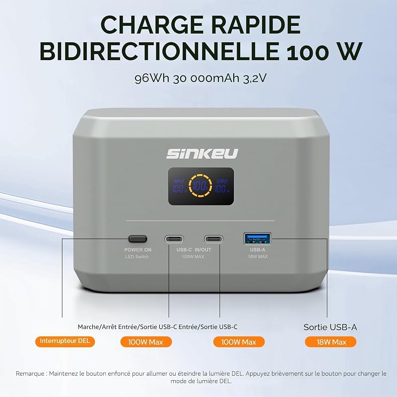 Station d'alimentation portable, batterie LiFePO4 96 Wh, USB-C 100 W marche/sortie