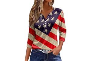 HTHLVMD Women's 2024 4th of July Women's T-Shirt American Flag Colorful T-Shirt Women's Shirt Patriotic Shirt 3/4 Sleeve V-Neck Top