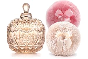 YILUSHENGHUA Luxury 4 Inch Glass Loose Powder Container with 2 Soft 3.5" Puffs｜Non-Sealed Refillable Organizer Storage for Body Powder Makeup & Jewelry & Setting Applicator(Crown-Amber)