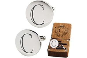 SEEMDANTEN Mens Classic Initial Cuff links A-Z Alphabet 26 Letters Stainless Steel Silver CuffLinks with Engraved Walnut Wood Gift Box Business Wedding Set