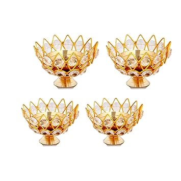 Decorative India Decor Metal Crystal Oil Diya Home Decoration and Puja Purpose (Set of 4)