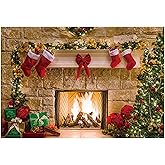 Funnytree 7x5ft Christmas Fireplace Backdrop Interior Vintage Xmas Tree Stockings Photography Background Portrait Photobooth Party Banner Decorations Photo Studio Props
