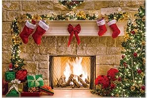 Funnytree 7x5ft Christmas Fireplace Backdrop Interior Vintage Xmas Tree Stockings Photography Background Portrait Photobooth Party Banner Decorations Photo Studio Props