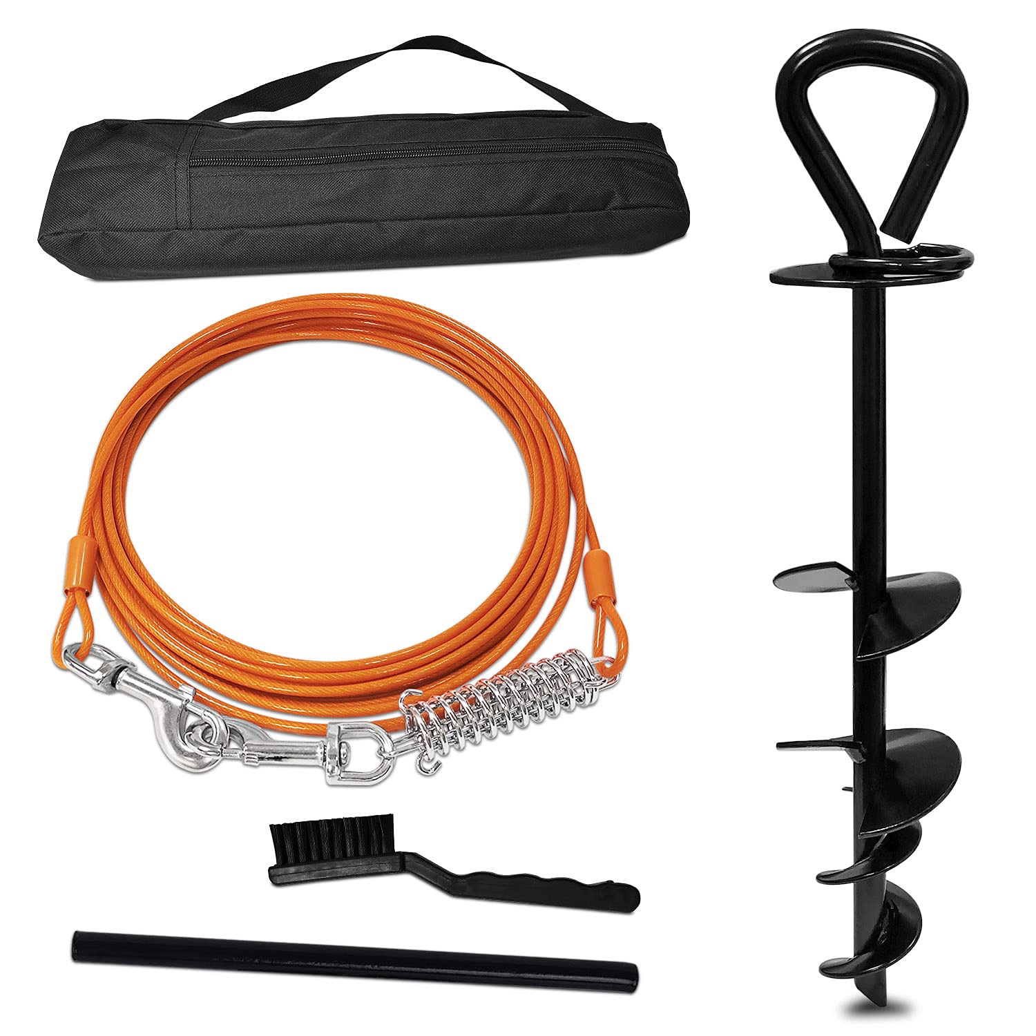 SHUNAI Dog Tie Out Cable and Triangle Stake - 30 Ft Heavy Dog Yard Leash Orange - for Small Medium Large Dogs Up to 100 lbs - Dog Stake for Outside Yard Beach Lawn