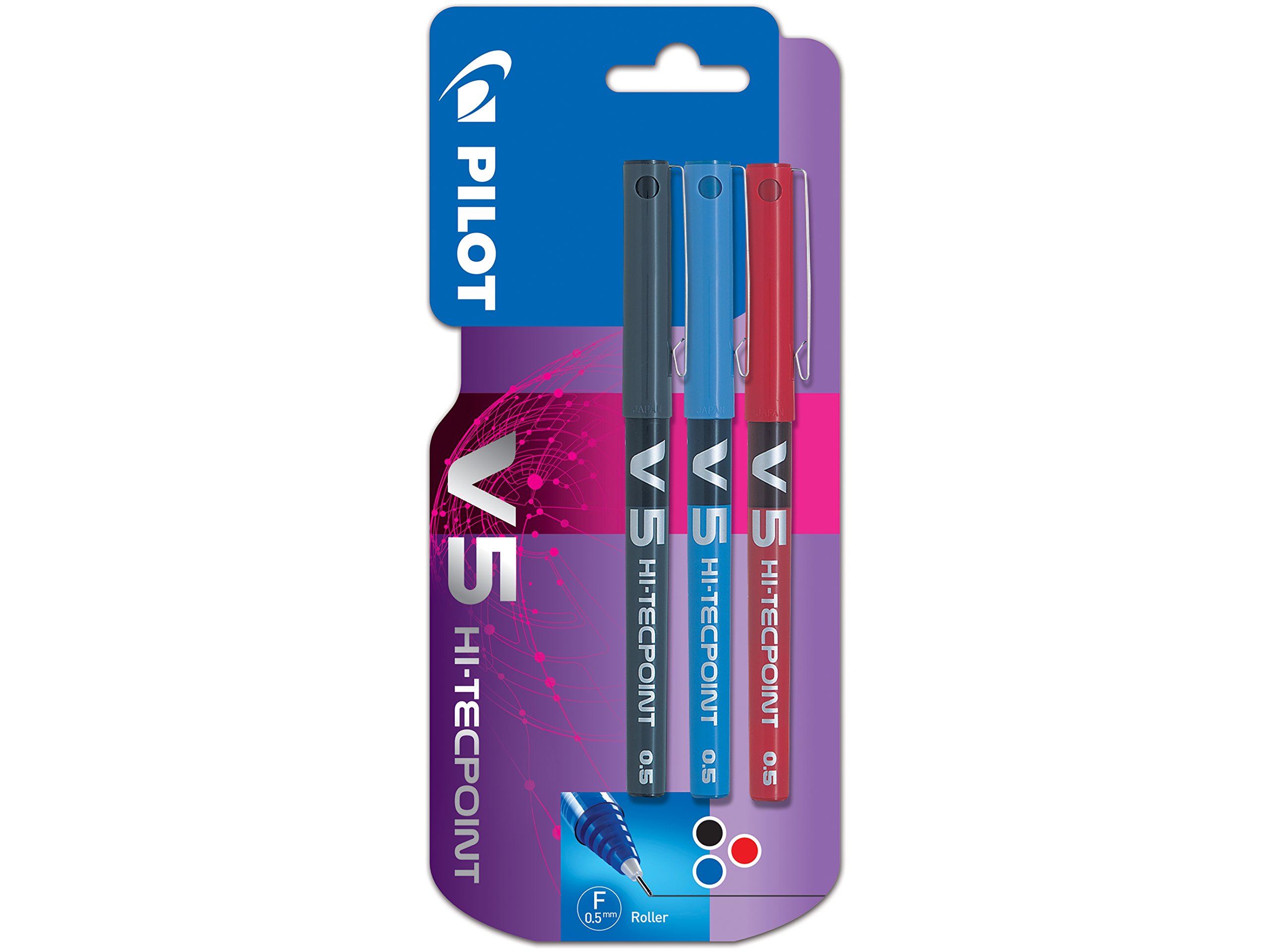 Pilot V5 Liquid Ink Rollerball 0.5 mm Tip (Pack of 3) - Black/Blue/Red