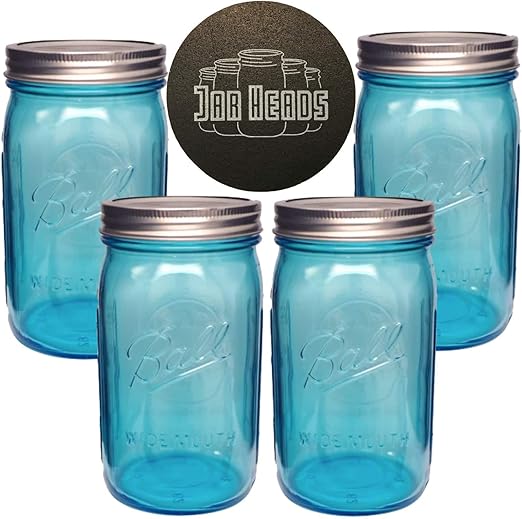 Ball Mason Jars 32 oz Wide Mouth Aqua Blue Colored Glass Bundle with Non Slip Jar Opener Set of