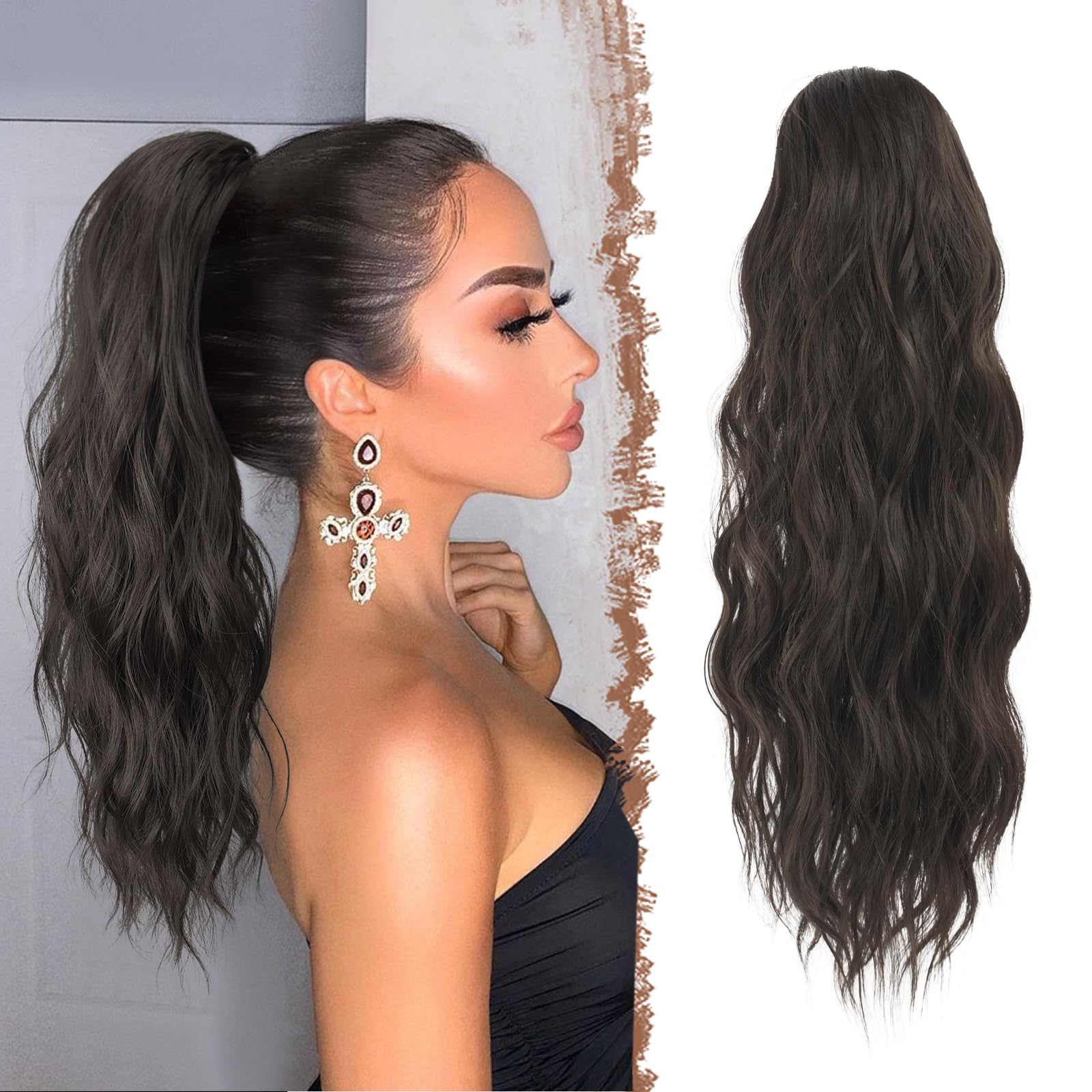 FESHFEN Ponytail Extensions, Drawstring Ponytails Hair Extension Dark Brown Long Curly Wavy Hair Piece Synthetic Brown Pony Tail Hairpieces for Women, 18 inch