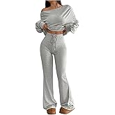 WDIRARA Women's 2 Piece Outfits Long Sleeve Off Shoulder Tee Drawstring Flared Pants Set