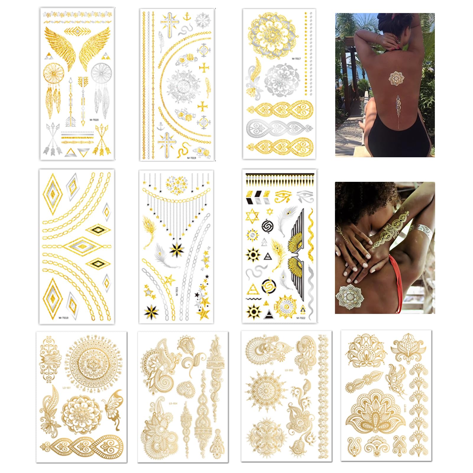 BDSHUNBF 10 Sheets Gold Temporary Tattoo, Mixed (Intricate, Cultural, Flashy) Designs, All Ages, Not Water Resistant