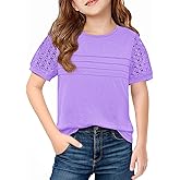 Haloumoning Girls Short Sleeve T Shirts Kids Summer Lace Crewneck Tops Fashion Pleated Tees 5-14 Years