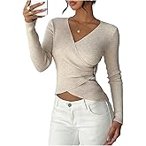 Milumia Women's V Neck Cross Wrap Sweater Buckle Long Sleeve Ribbed Knit Fitted Crop Tops