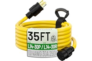 POWGRN 30-Amp Generator Extension Cord (35 Feet) 4-Prong 125/250V 7500W, NEMA L14-30P/L14-30R,10 Gauge STW Locking Power Cord for Transfer Switch, Portable Generators,Yellow 35ft Generator Cable