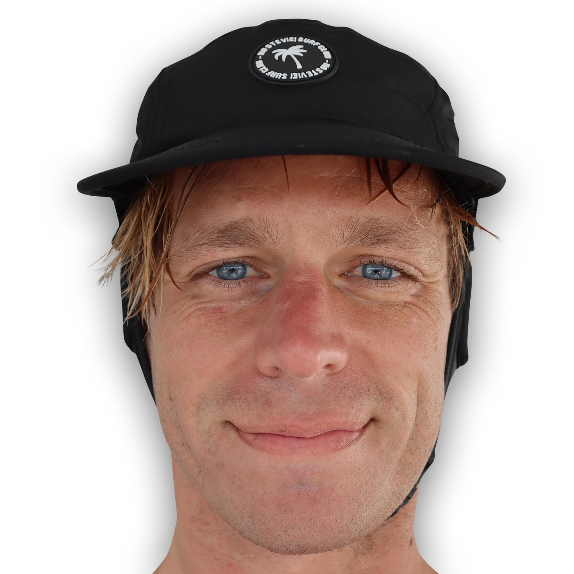Photo 1 of Ho Stevie! Floating Surf Cap with Chin Straps and Removable Neck Flap for Surfing, SUP, and Watersports (Black)
