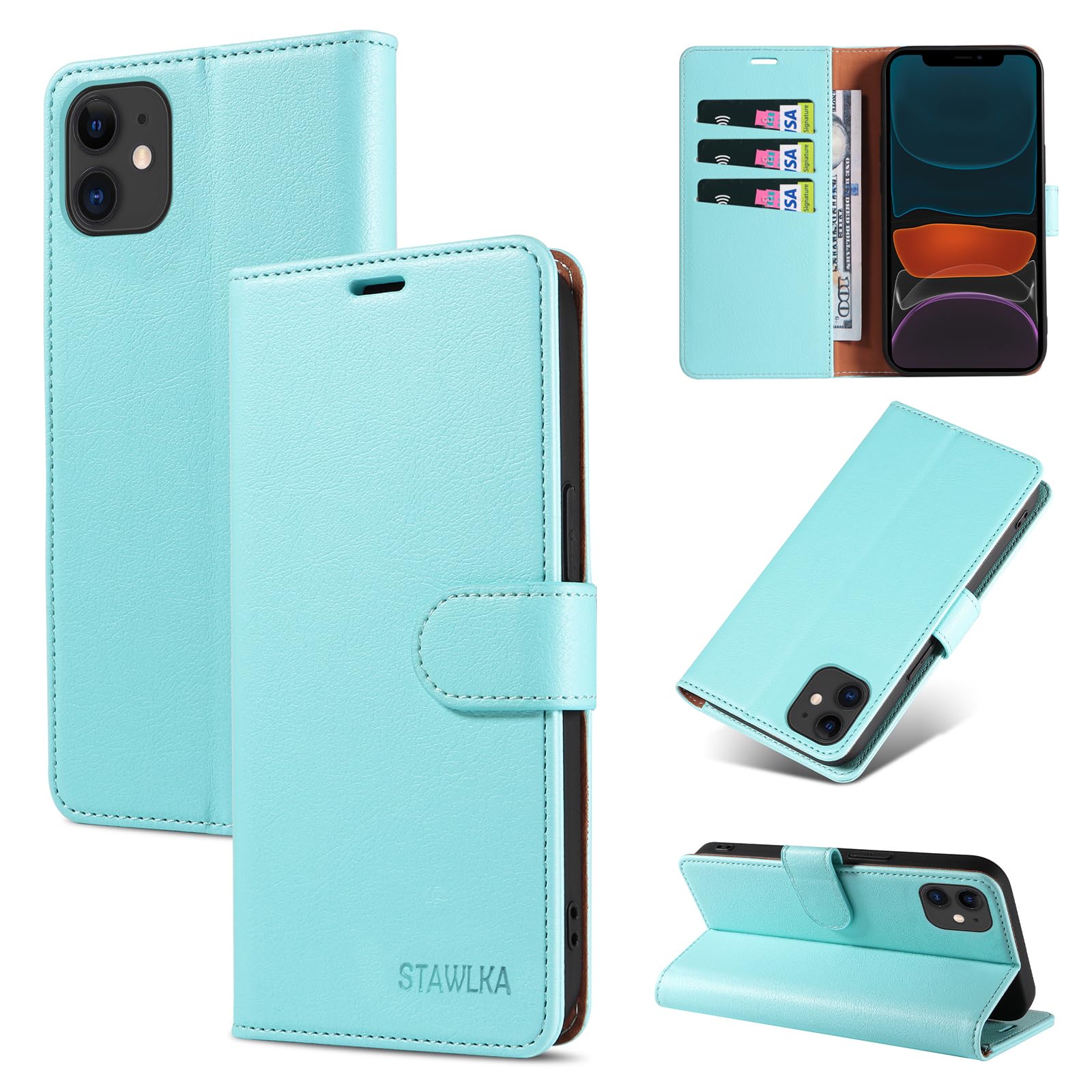 STAWLKA Case for iPhone 11, Premium PU Leather Flip Magnetic Buckle Wallet Case Kickstand Blocking RFID Shockproof Protective Phone Cover for iPhone 11 - Mint Green