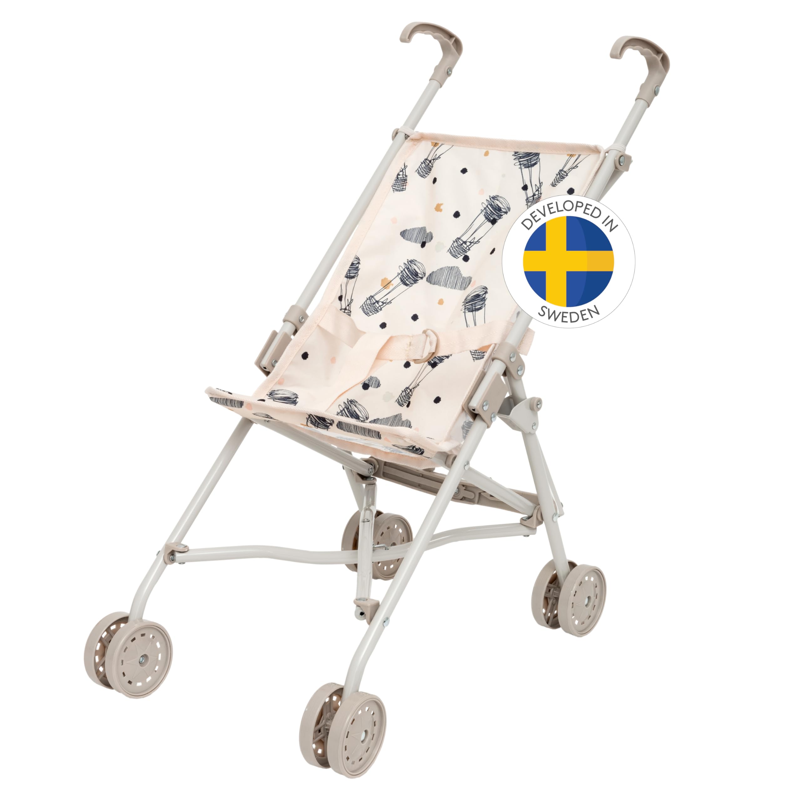 Skrållan Cute Dolls Pushchair — Folding Toy Doll Stroller Pushchair Pram — Dolls Buggy Toys for 45cm or 18 Inch Doll — Kids Toys Age 3 + — 53cm Tall with Cream Fabric