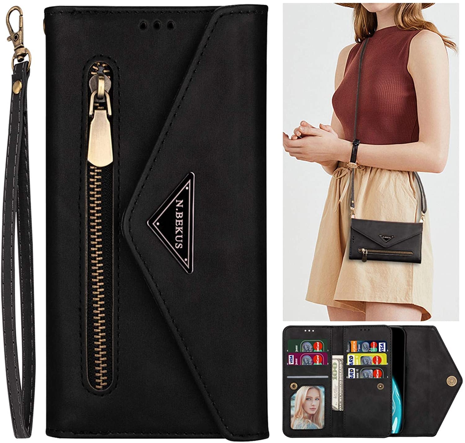 Huawei P Smart 2019 Wallet Case for Women/Girl Zipper Wallet PU Leather Flip Folio Case with Card Holder Shoulder & Hand Strap Huawei P Smart 2019 Crossbody Phone Case Purse Shockproof Cover Black