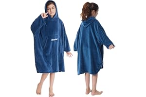 Hiturbo Kids Towel Changing Robe: Soft Plush Wearable Blanket - Warm Coral Fleece Hoodie - Swim Surf Poncho for 5-12 Years (Navy)
