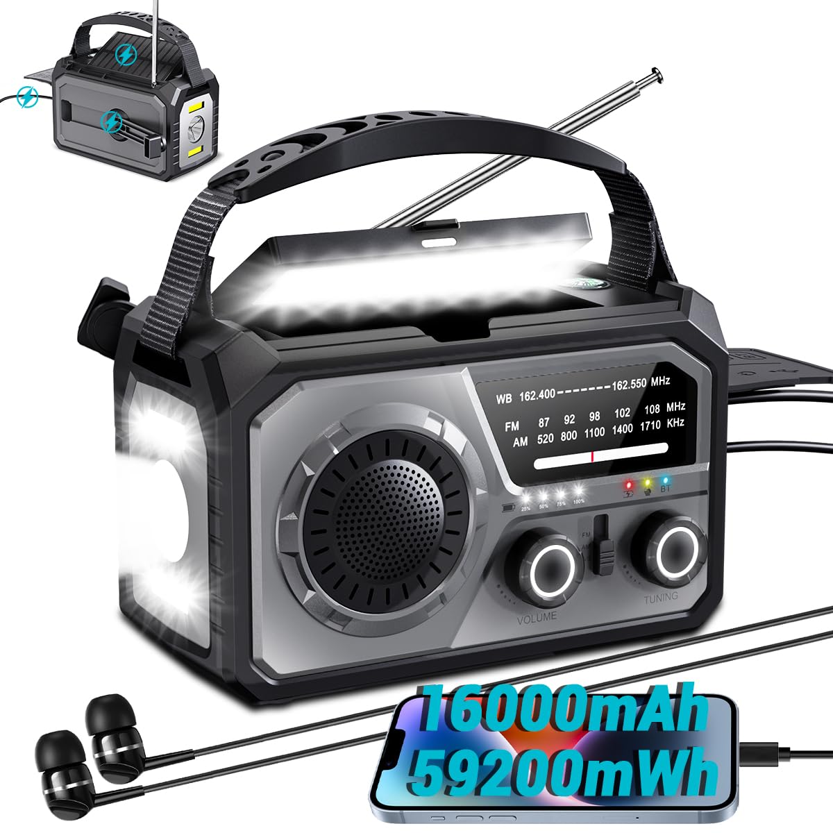 Photo 1 of ***DAMAGED - SEE NOTES/PICTURES*** 16000mAh/59200mWh Solar Crank Emergency Radio - Wireless NOAA AM/FM Weather Radio with USB-C/Type-C Charging, 3-Light Modes, SOS Alarm, Compass & Power Bank for Camping Survival Outdoor Emergencies