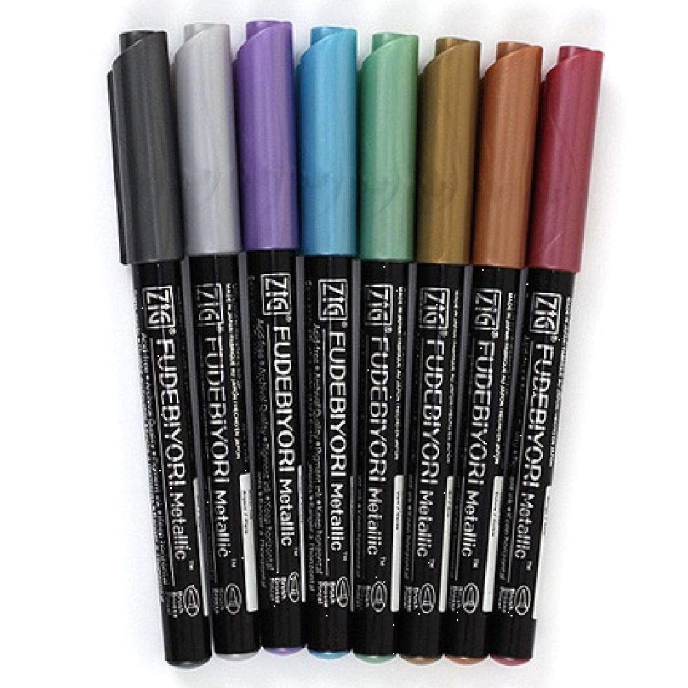 Kuretake Zig Fudebiyori Metallic Water-Based Pigment Pen - Set of 8, Brush Tip