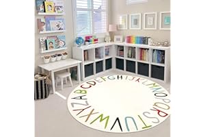 LIVEBOX ABC Round Kids Rug Colorful Play Mat for Playroom, Alphabet Learning Nursery Rug Circle Washable Rug for Children Bedroom, Non-Slip Educational Carpet for Teen (59",Multi Color)