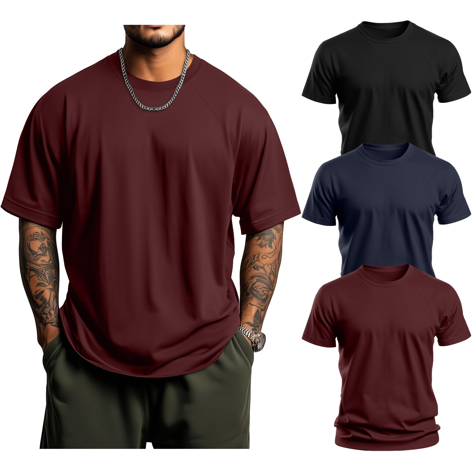 Photo 1 of Huukeay 3 Pack Men's Big & Tall Short Sleeve Shirts, Cotton Plus Size Crew Neck Tees Basic Moisture Wicking Summer Solid Tops(Black, Navy, Claret,XX-Large)