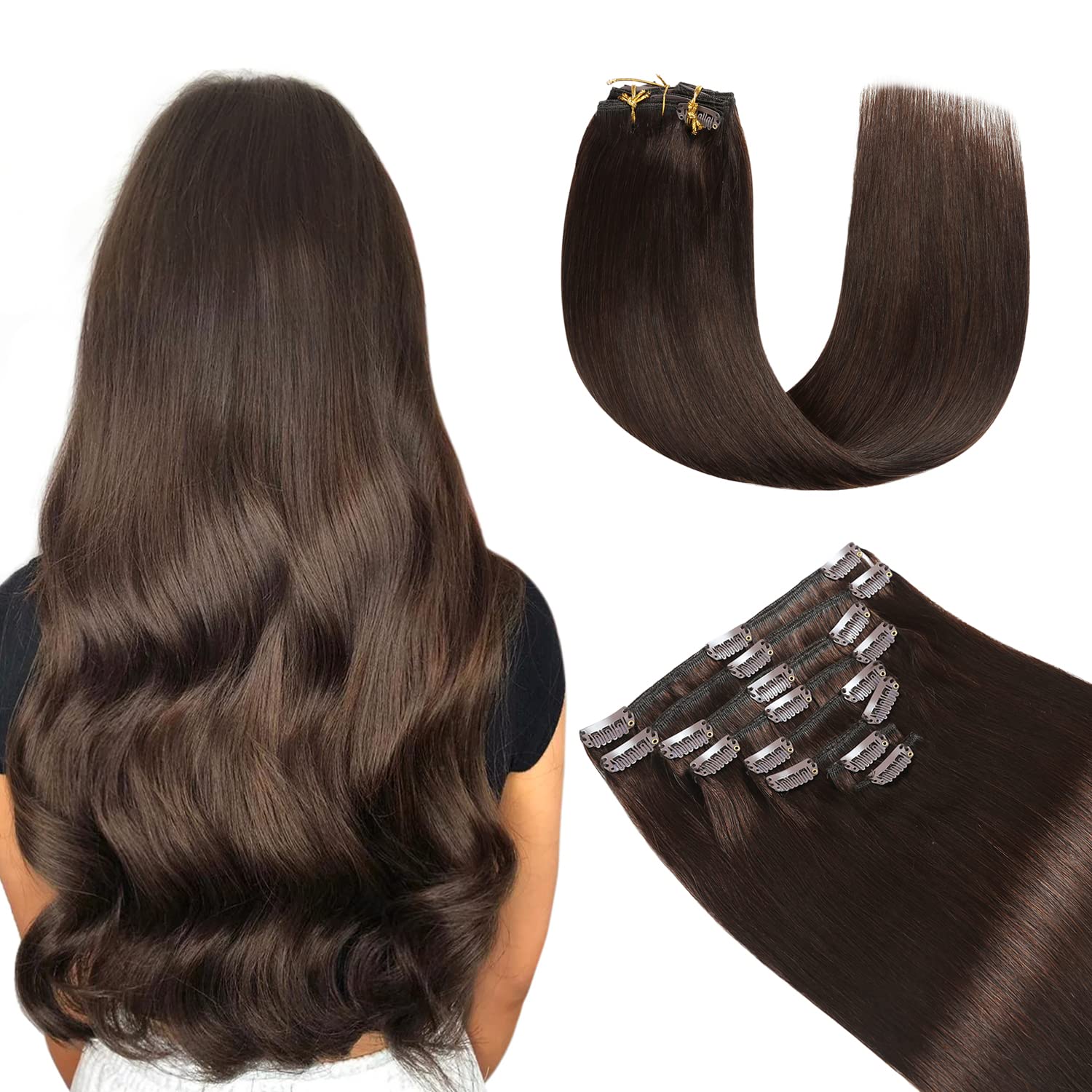 Yilite Hair Extensions Clip in Brown Clip in Human Hair Extensions Real Remy Silky Straight Double Weft Invisible #2 Dark Brown Weft 20 Inch 120g 8pcs