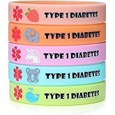 Type 1 Diabetes Bracelet, 5 Pcs Macaron Color Silicone Diabetic Bracelet, 6.7 Inches Pre-Engraved Cartoon Medical Alert ID Bracelets for Women Men Diabetics