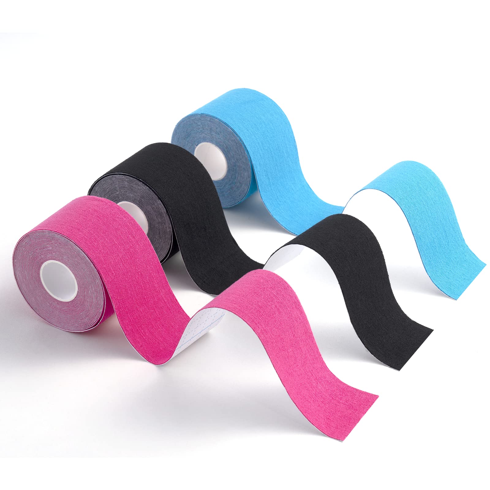 CareHabi - Kinesiology Tape, Sports Tape for Muscles, 5 m x 5 cm, 3 Rolls (1 x Blue, 1 x Pink, 1 x Black) Kinesiology Tapes, Waterproof and Elastic for Sports
