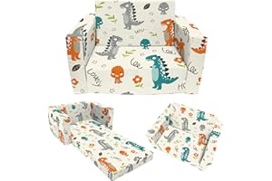 Hän Babos Kids Sofa Couch, Toddler Boys Girls 2-in-1 Convertible Sofa to Lounger, Comfy Flip-Out Couch/Sleeper Bed, Dinosaur Theme Toddler Couch Chair