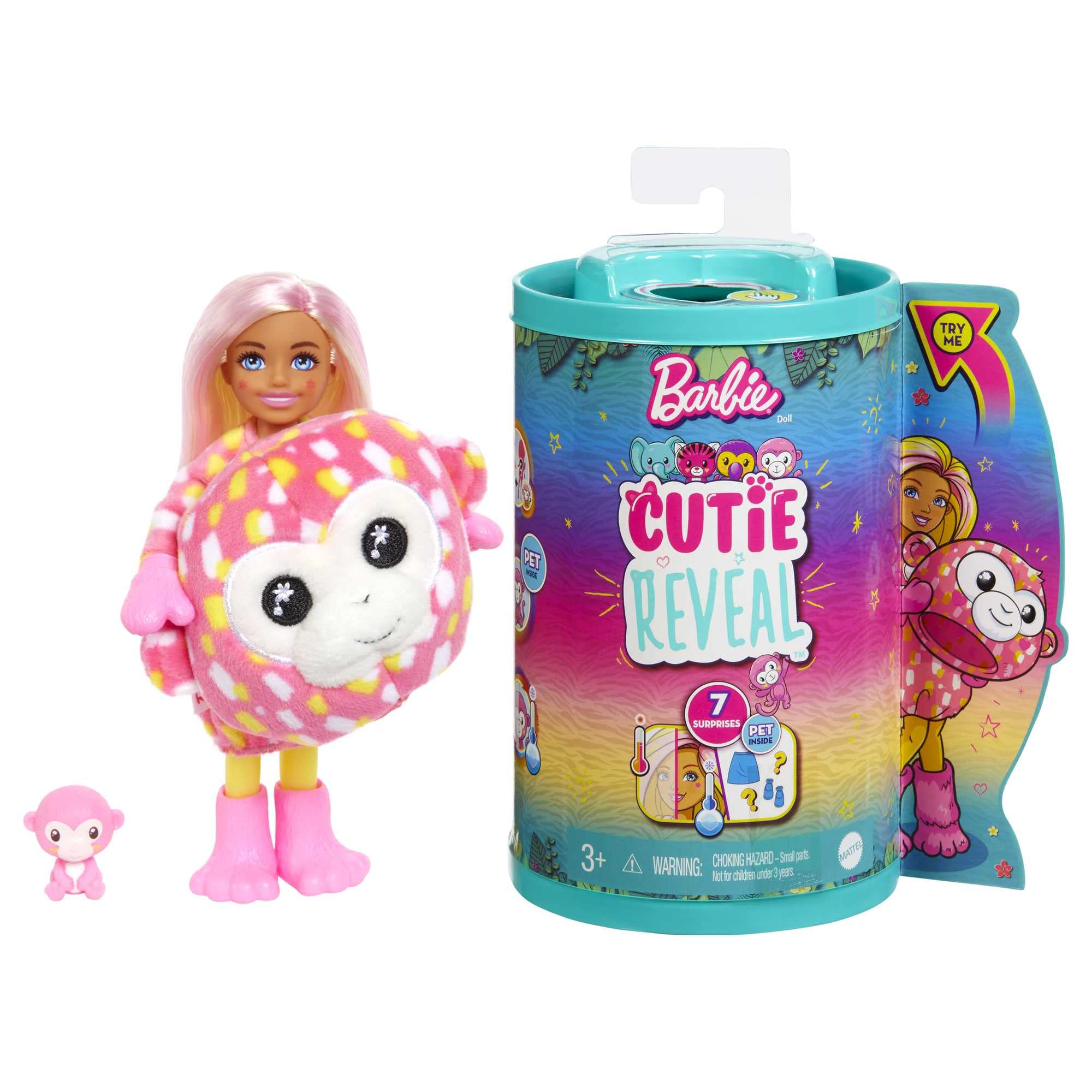 Barbie Small Dolls and Accessories, Cutie Reveal Chelsea Doll with Monkey Plush Costume & 7 Surprises Including Color Change, Jungle Series, HKR14