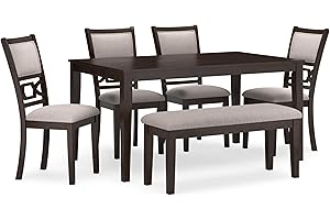 Signature Design by Ashley Langwest Dining Room Table Set, 4 Upholstered Chairs and Bench, Seats 6, Cushioned Seats, Wood, Cherry Brown