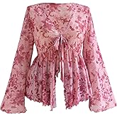 OYOANGLE Women's Plus Size Floral Bell Sleeve Ruffle Blouse 70s Tie Front Peplum Flare Sheer Tops