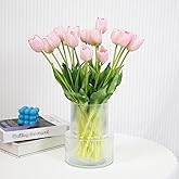 20 Pcs Real Touch Artificial Tulips with Vase, Large Faux Flower Arrangement in Heavy Fluted Glass, Bouquet for Dining Table Centerpiece, Home Office, Spring Decor, Set with Dust Bag (Pink)