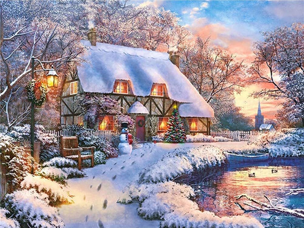 newsbirds 5D Diamond Painting Christmas Snow Scene, Diamond Painting by Number Kits for Adults Kids, Round Drill Embroidery Cross Stitch for Home Wall Decor Office Decoration (15.7x11.8inch)