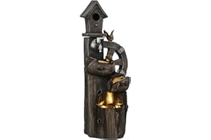Outsunny 2-in-1 Outdoor Water Fountain with Birdhouse, Outdoor Waterfall Fountain with LED Lights Pump, Tree Trunk Outdoor Wa