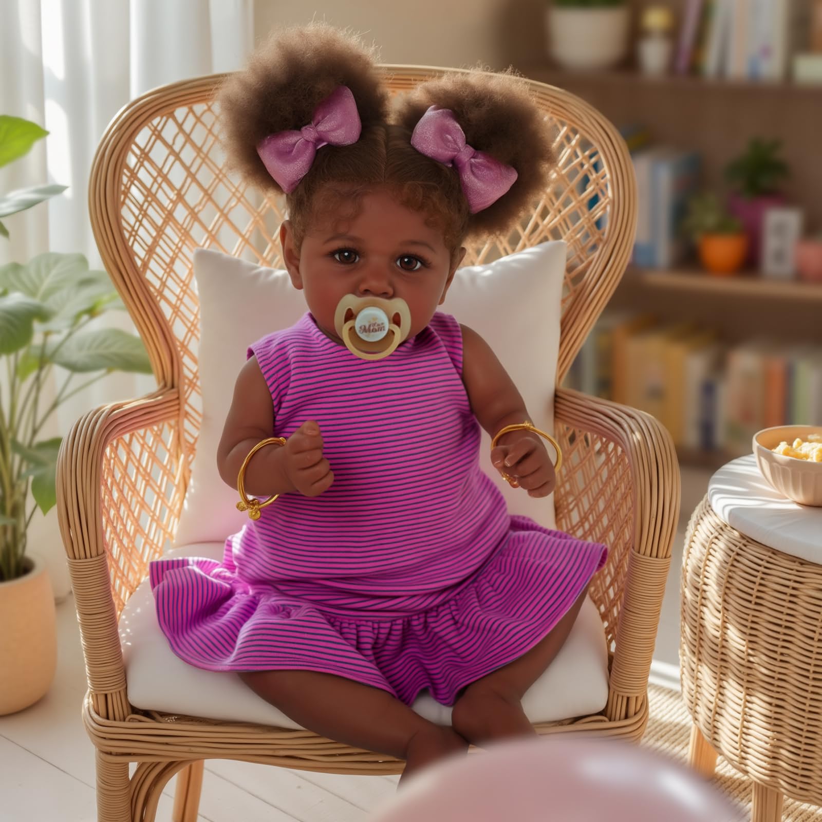 JIZHI Reborn Baby Dolls Black - 22 Inch Lifelike Soft Body Realistic-Newborn Baby Dolls Taupe Eyes Caramel Skin Tone Pink Striped Skirt Real Life and Toy Accessories Gift for Kids Age 3