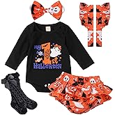 Cemion My First Halloween Outfit Baby Girl Letter Print Long Sleeve Romper Top Spooky Candy Shorts Set