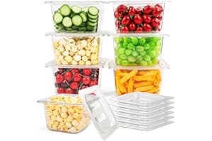 VOISEN 6 Pack Plastic Food Pan with Lids 1/6 Size 4 Inch Deep Commercial Food Storage Containers for Fridge Salad Fruits Vegetables Clear Restaurant Polycarbonate